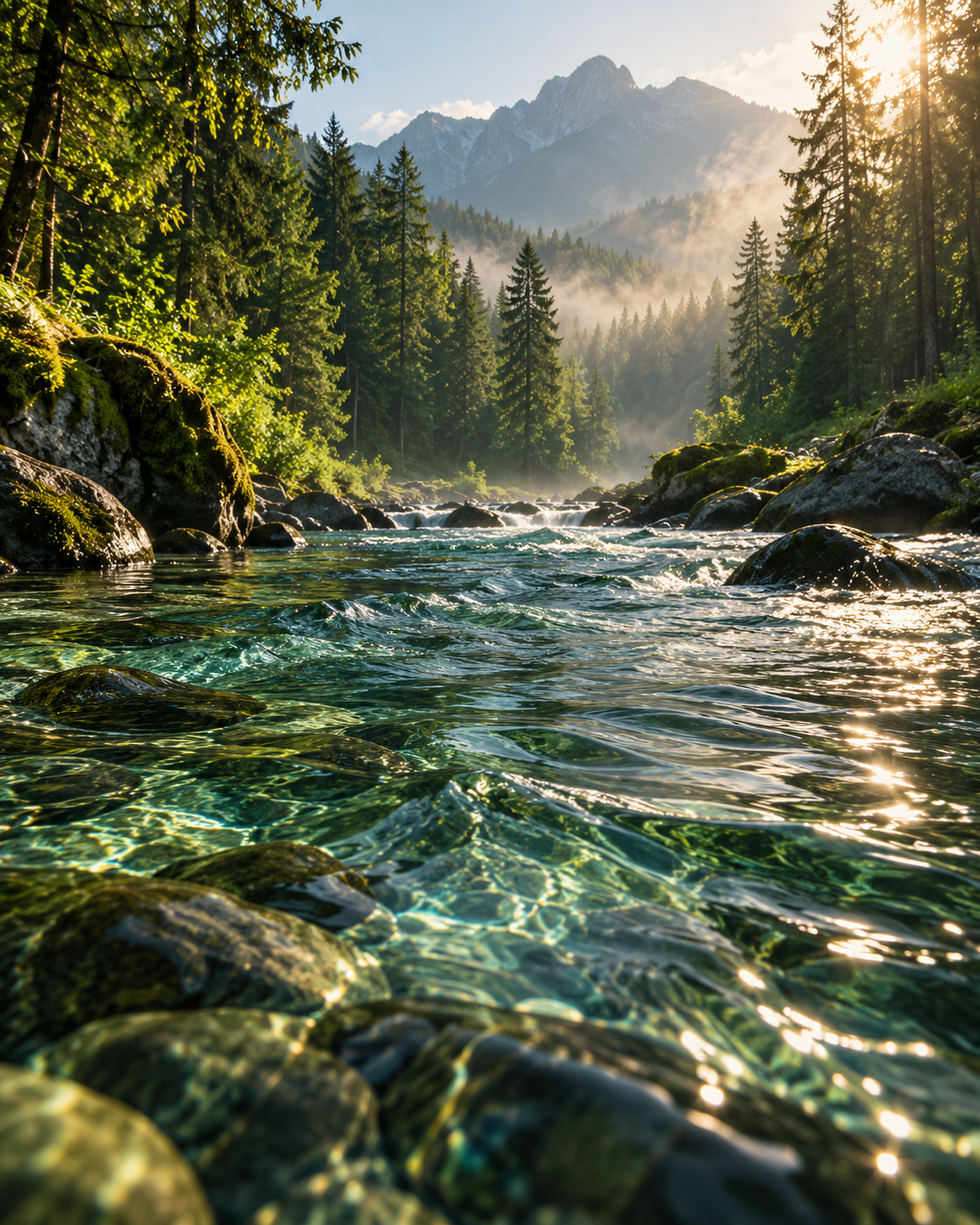 Sunlight falling across a clear forest stream